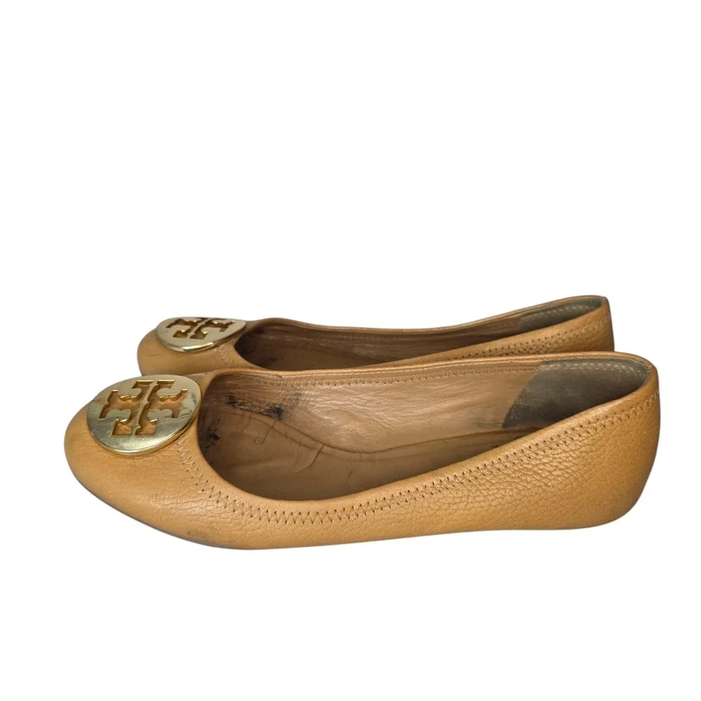 Tory Burch Reva Womens 7.5  Tan Pebbled Leather Gold Tone Logo Ballet Flats